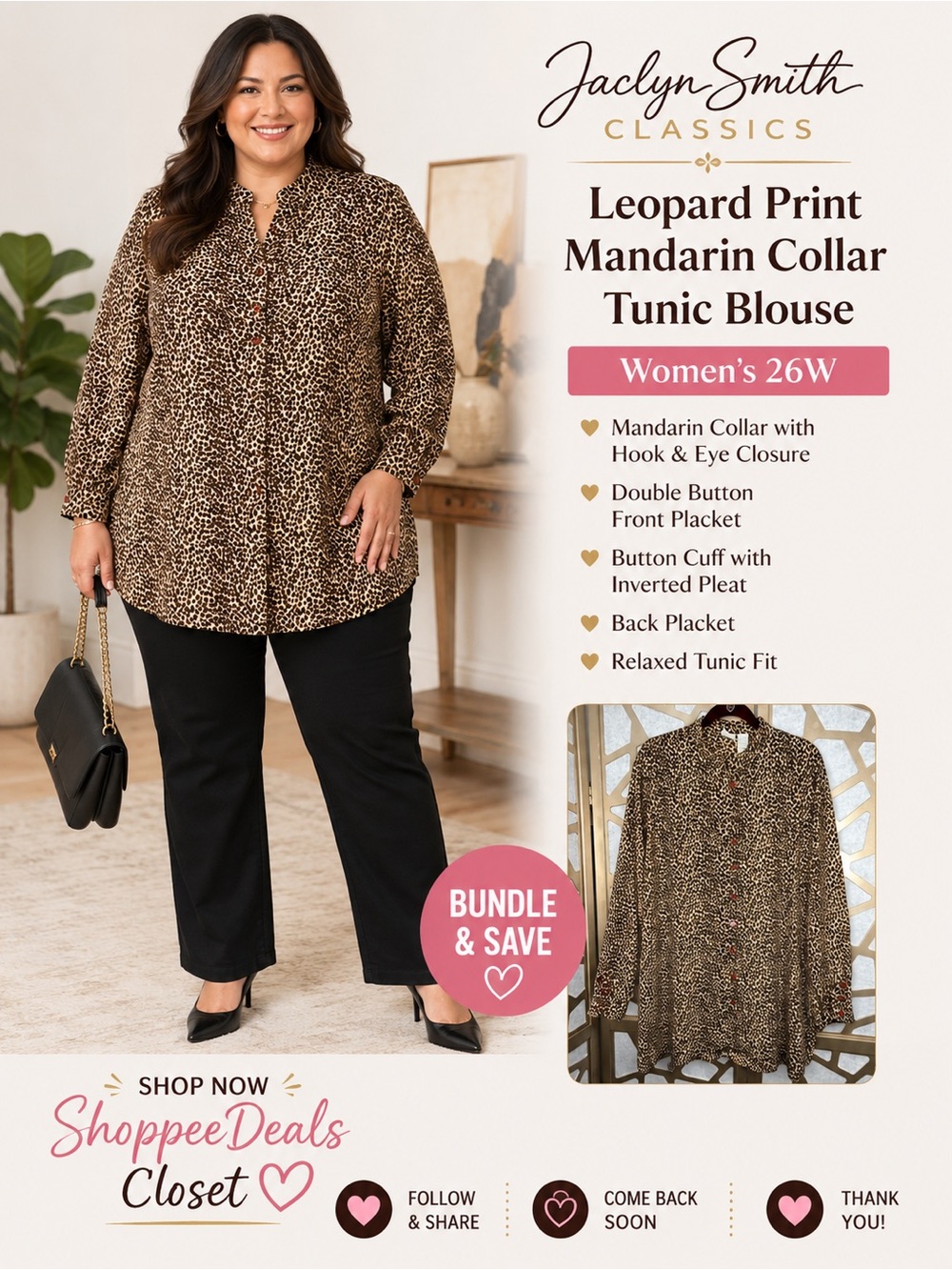 Jaclyn Smith Classics Leopard Print Mandarin Collar Tunic Blouse – Women’s 26W